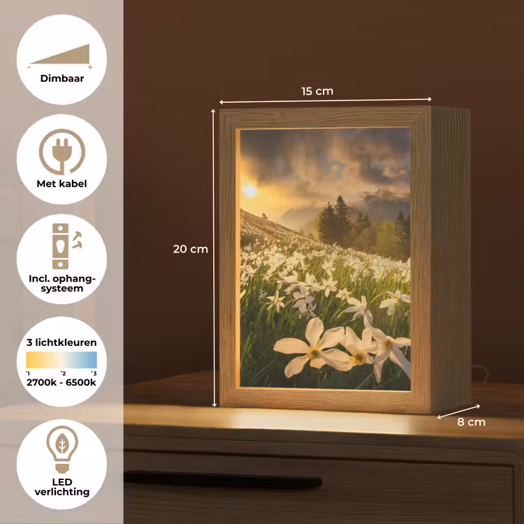 Bloemenveld - Heuvels - Zonsondergang - Berg - Natuur - Wit - Heuvels Light Box met kabel (Tafellamp) klein -USP_NL
