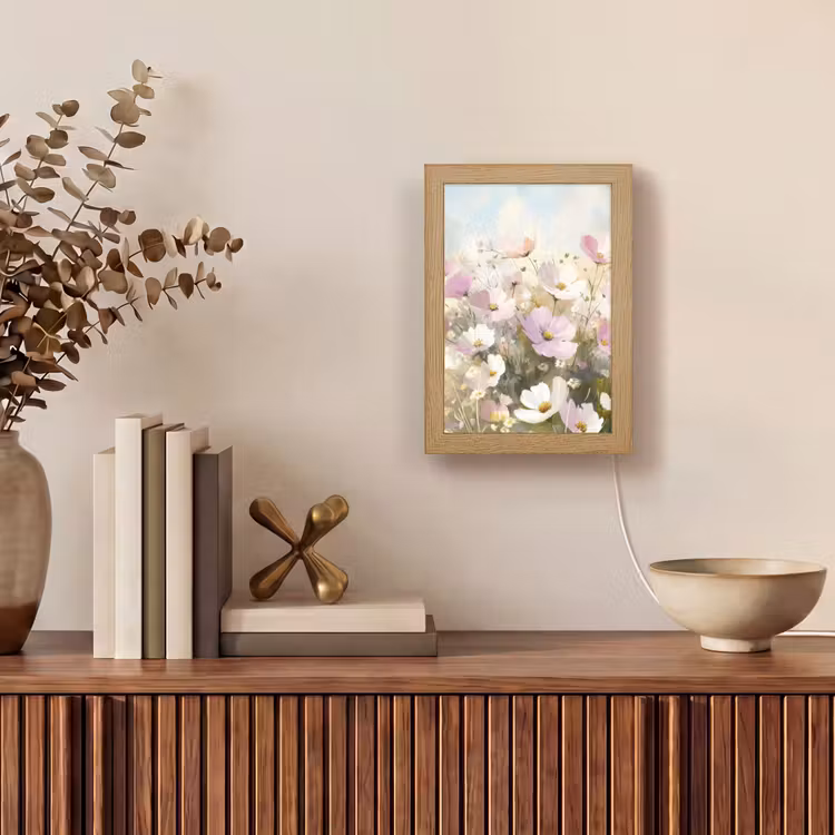 Bloemenveld - Lichte tinten - Geschilderd Light Box met kabel (Tafellamp) klein -sfeer2