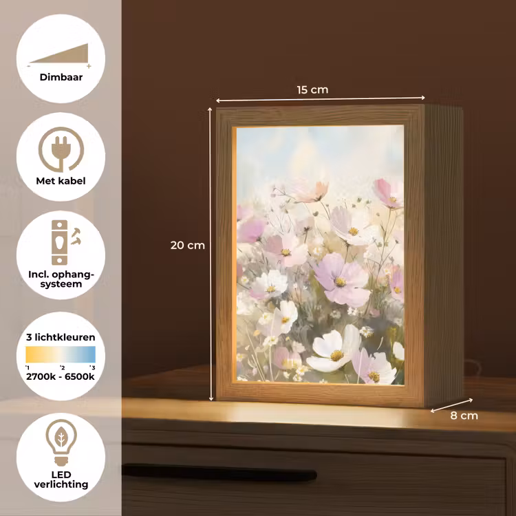 Bloemenveld - Lichte tinten - Geschilderd Light Box met kabel (Tafellamp) klein -USP_NL