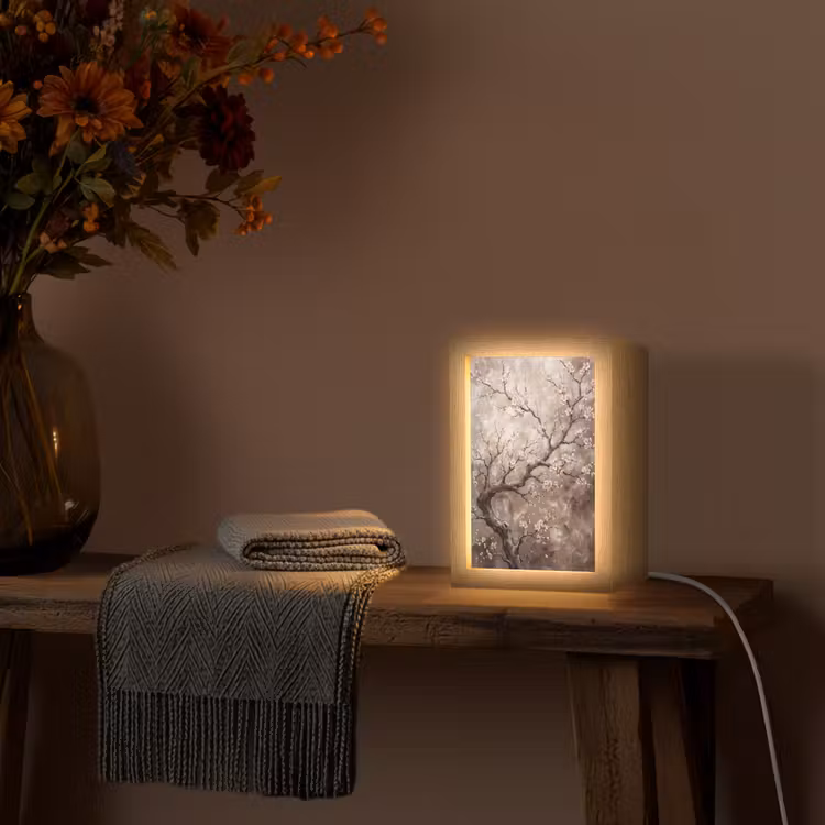 Bloesem - Takken - Schilderij - Beige - Serene Light Box met kabel (Tafellamp) klein -sfeer4