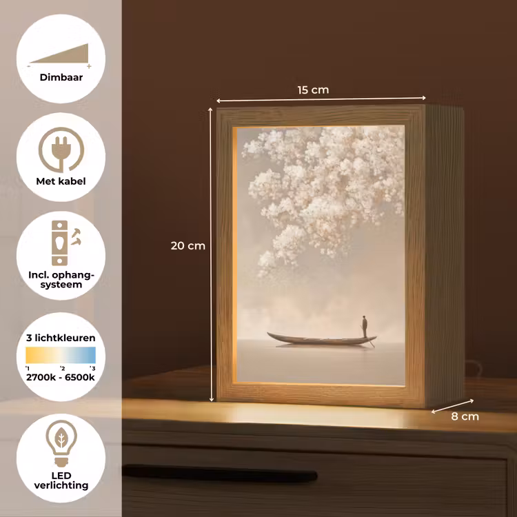 Bloesems - Wit - Boot - Minimalistisch Light Box met kabel (Tafellamp) klein -USP_NL