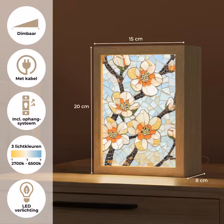 Bloesems - Wit - Mozaïek - Tak Light Box met kabel (Tafellamp) klein -USP_NL