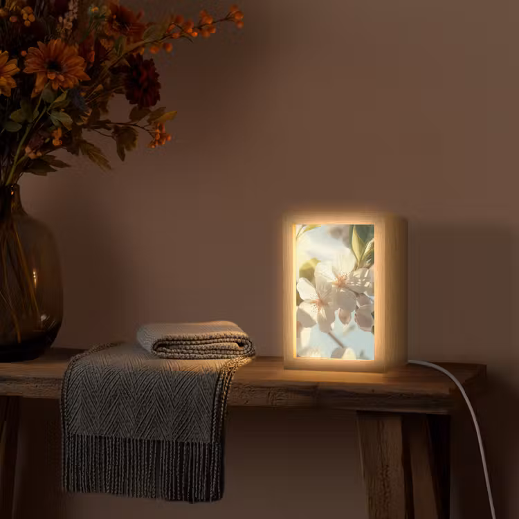 Bloesems - Wit - Zonnestralen - Bloemblaadjes Light Box met kabel (Tafellamp) klein -sfeer4