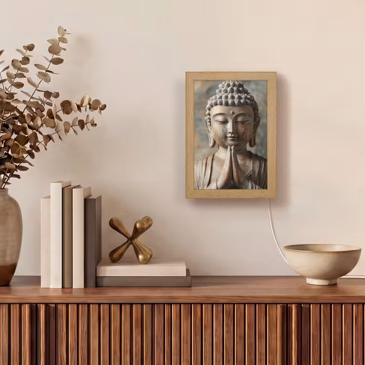 Boedha - Beeld - Bruin - Rust Light Box met kabel (Tafellamp) klein -sfeer2