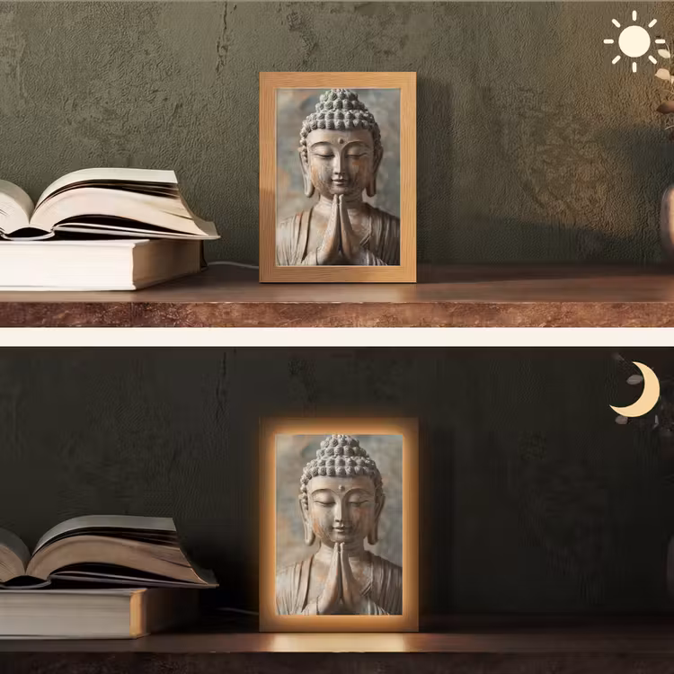Boedha - Beeld - Bruin - Rust Light Box met kabel (Tafellamp) klein -sfeer3