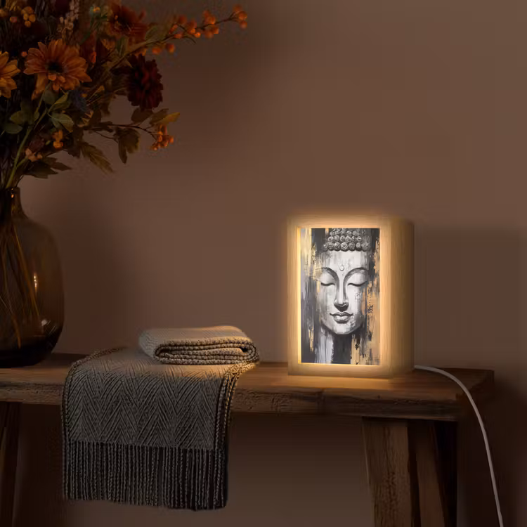 Boedhha - Penseelstreken - Goud - Abstract Light Box met kabel (Tafellamp) klein -sfeer4