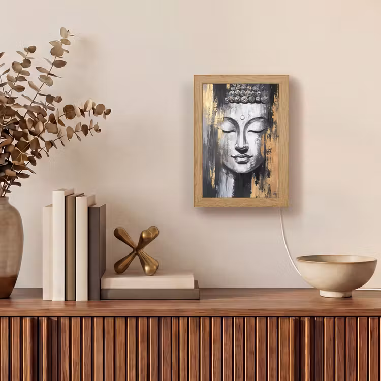 Boedhha - Penseelstreken - Goud - Abstract Light Box met kabel (Tafellamp) klein -sfeer2