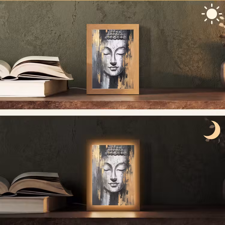 Boedhha - Penseelstreken - Goud - Abstract Light Box met kabel (Tafellamp) klein -sfeer3