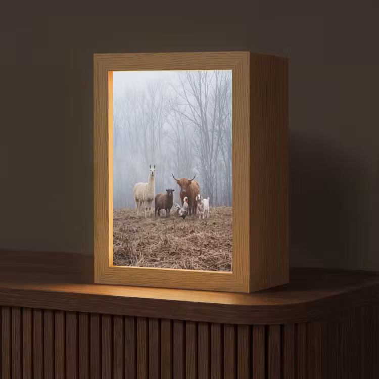 Boerderijdieren - Groep - Mist - Natuur - Rustiek Light Box met kabel (Tafellamp) klein -z3d_website