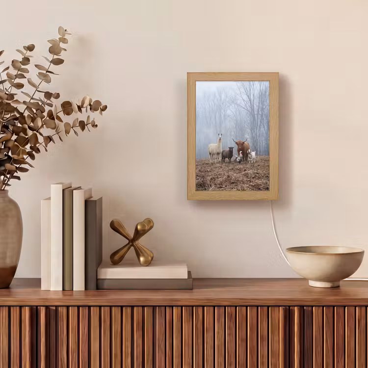 Boerderijdieren - Groep - Mist - Natuur - Rustiek Light Box met kabel (Tafellamp) klein -sfeer2