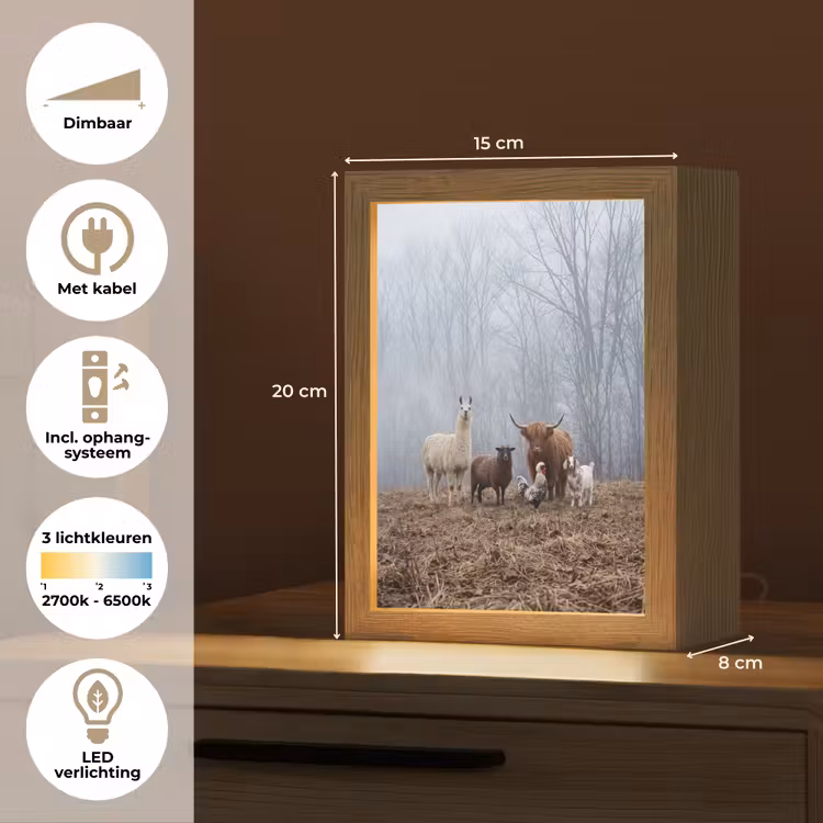 Boerderijdieren - Groep - Mist - Natuur - Rustiek Light Box met kabel (Tafellamp) klein -USP_NL