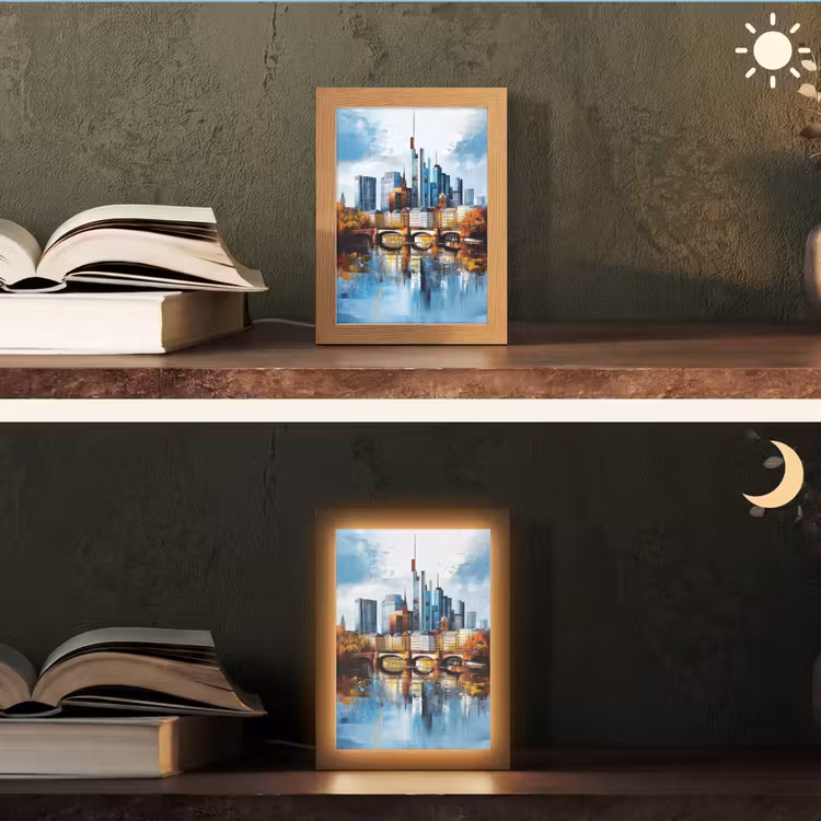 Bomen Frankfurt- Stad - Skyline - Brug Light Box met kabel (Tafellamp) klein -sfeer3