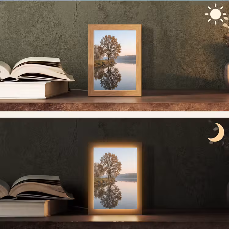 Bomen - Reflectie - Water - Zonsopgang - Serene Light Box met kabel (Tafellamp) klein -sfeer3
