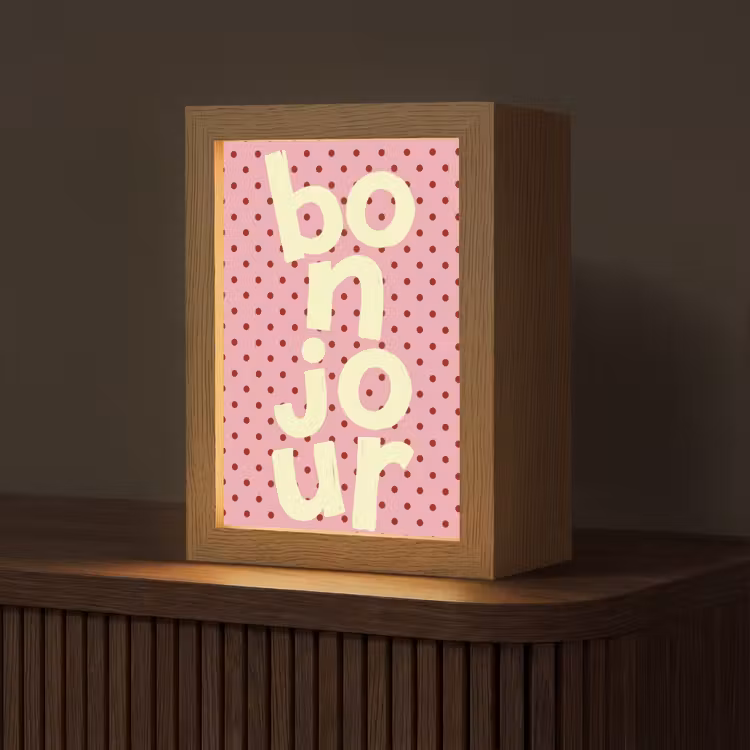 Bonjour - Stippen - Roze- Geel Light Box met kabel (Tafellamp) klein -z3d_website