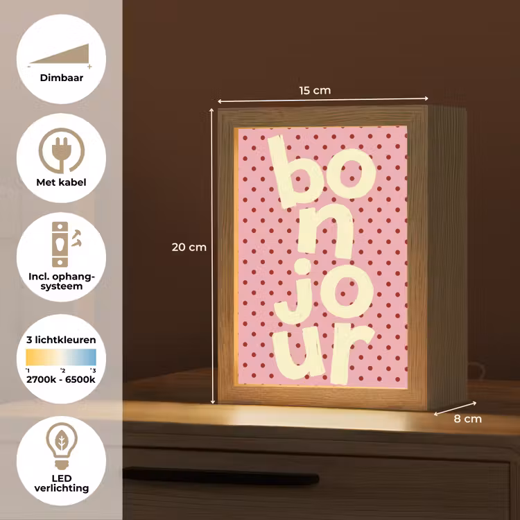 Bonjour - Stippen - Roze- Geel Light Box met kabel (Tafellamp) klein -USP_NL