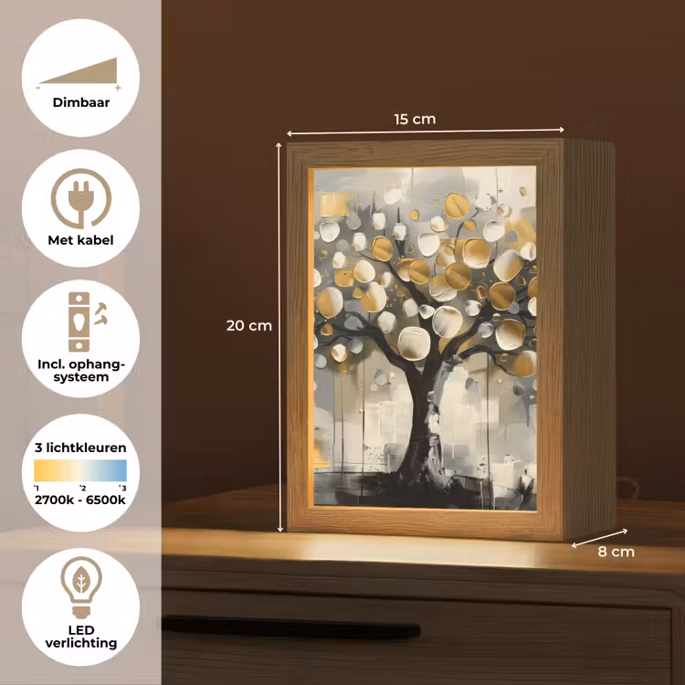 Boom - Abstract - Beige - Goud - Zwart Light Box met kabel (Tafellamp) klein -USP_NL
