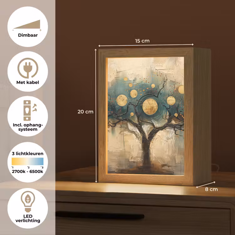 Boom - Abstract - Bruin - Goud - Industrieel Light Box met kabel (Tafellamp) klein -USP_NL