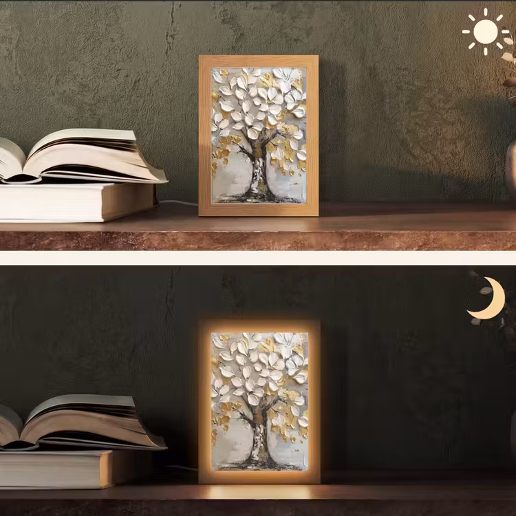 Boom - Beige - Grijs - Goud - Abstract Light Box met kabel (Tafellamp) klein -sfeer3