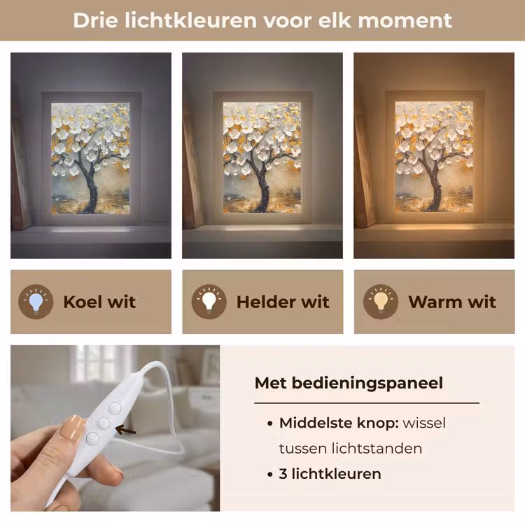 Boom - Bloemen - Goud - Beige Light Box met kabel (Tafellamp) klein -USP_lichtkleurNL