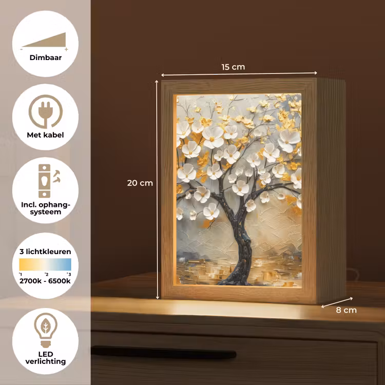 Boom - Bloemen - Goud - Beige Light Box met kabel (Tafellamp) klein -USP_NL