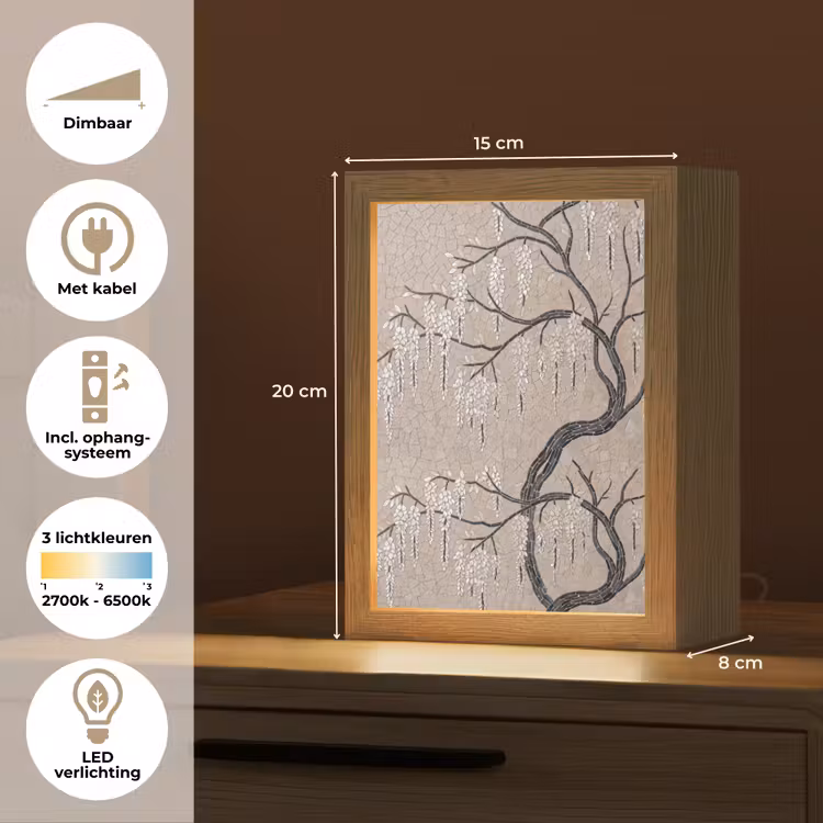 Boom - Bloemen - Mozaïek - Kunst - Wit Light Box met kabel (Tafellamp) klein -USP_NL