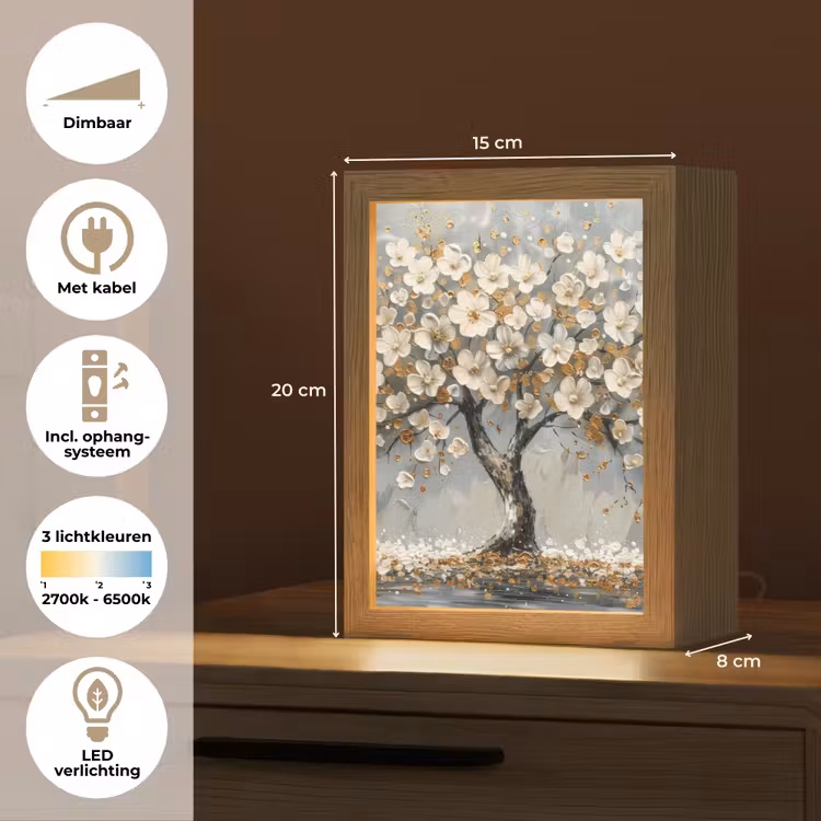 Boom - Goud - Bloemen - Abstract - Kunst Light Box met kabel (Tafellamp) klein -USP_NL