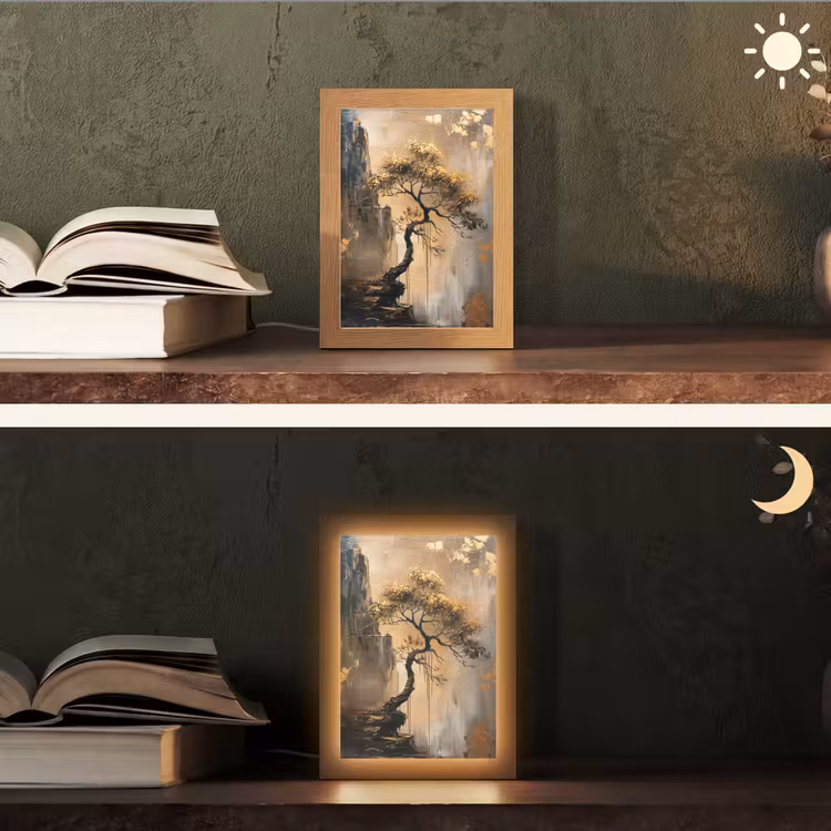 Boom - Goud - Landschap - Verf Light Box met kabel (Tafellamp) klein -sfeer3