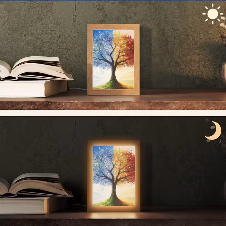 Boom - Kunst - Seizoenen - Herfst Light Box met kabel (Tafellamp) klein -sfeer3