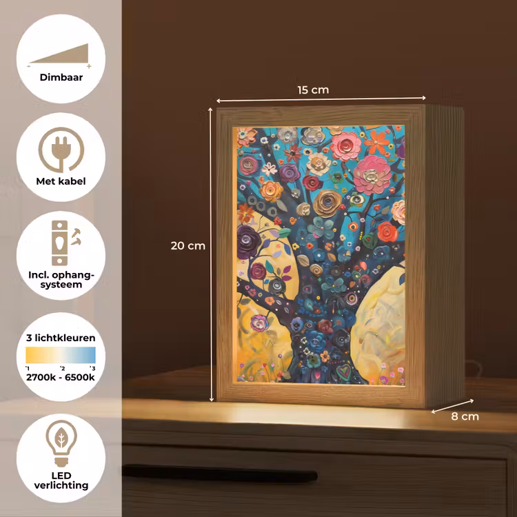 Boom - Levensboom - Kleurrijk - Bloemen - Modern Light Box met kabel (Tafellamp) klein -USP_NL