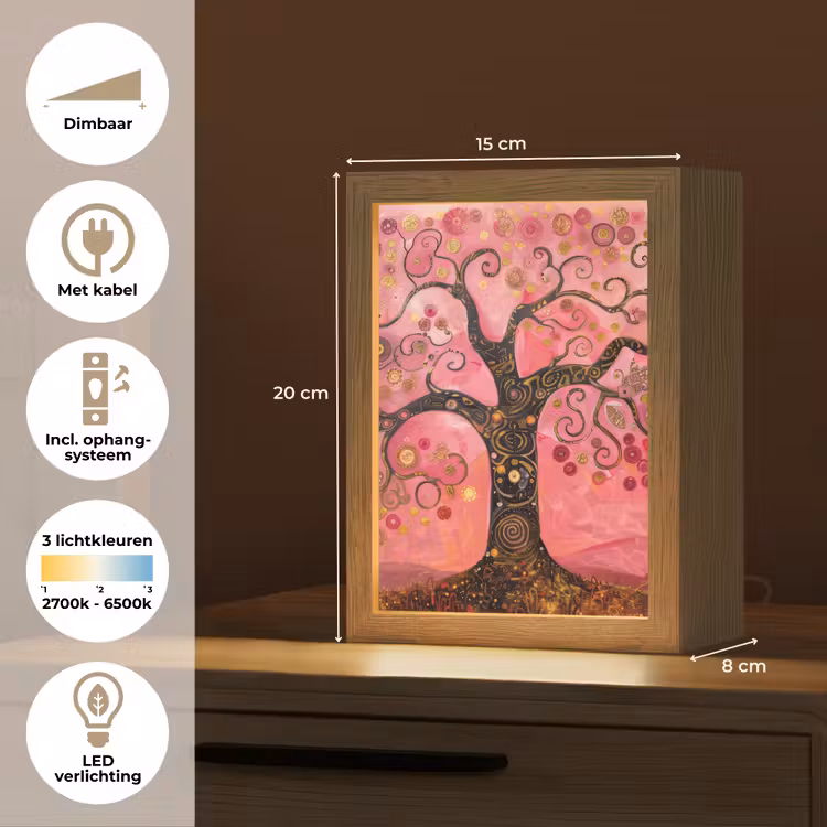 Boom - Levensboom - Roze - Goud Light Box met kabel (Tafellamp) klein -USP_NL