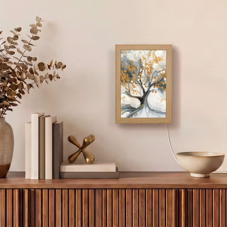 Boom - Modern - Abstract - Goud - Zwart - Wit Light Box met kabel (Tafellamp) klein -sfeer2