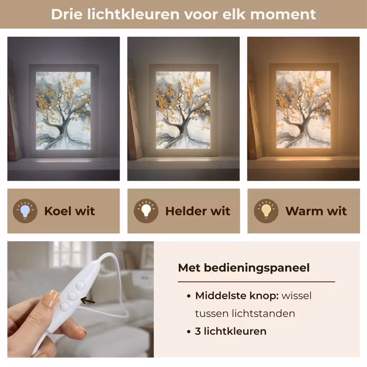 Boom - Modern - Abstract - Goud - Zwart - Wit Light Box met kabel (Tafellamp) klein -USP_lichtkleurNL