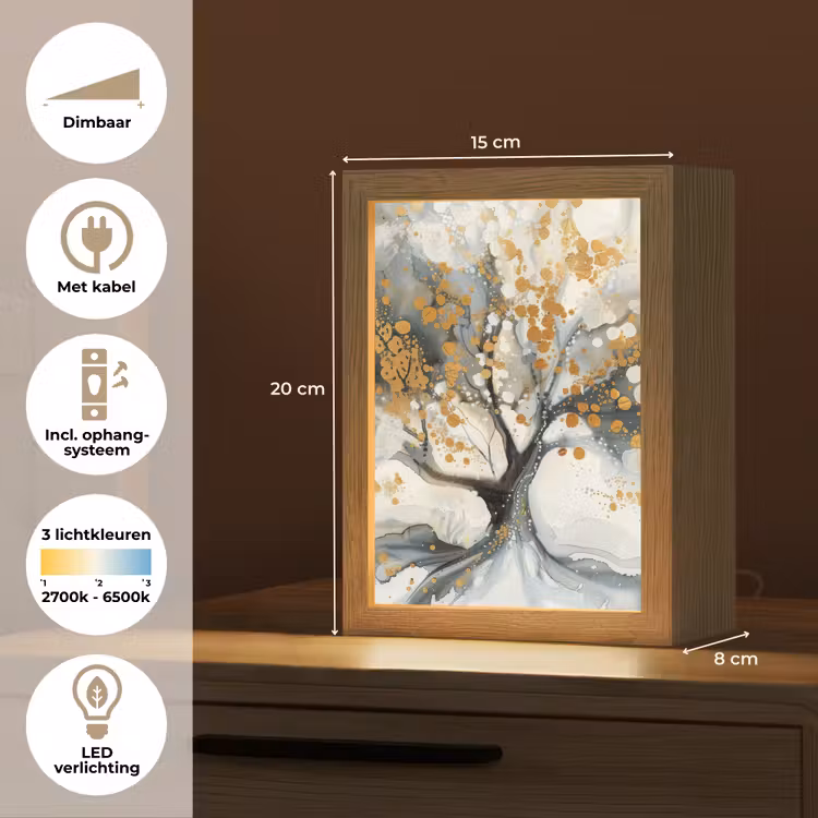 Boom - Modern - Abstract - Goud - Zwart - Wit Light Box met kabel (Tafellamp) klein -USP_NL