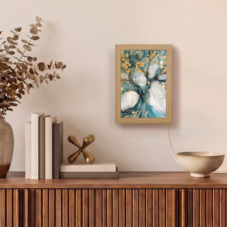 Boom - Modern - Verflook - Turquoise - Goud Light Box met kabel (Tafellamp) klein -sfeer2