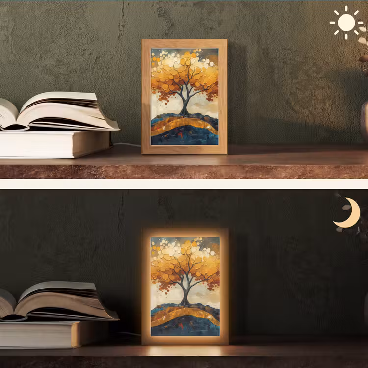Boom - Natuur - Goud - Modern Light Box met kabel (Tafellamp) klein -sfeer3