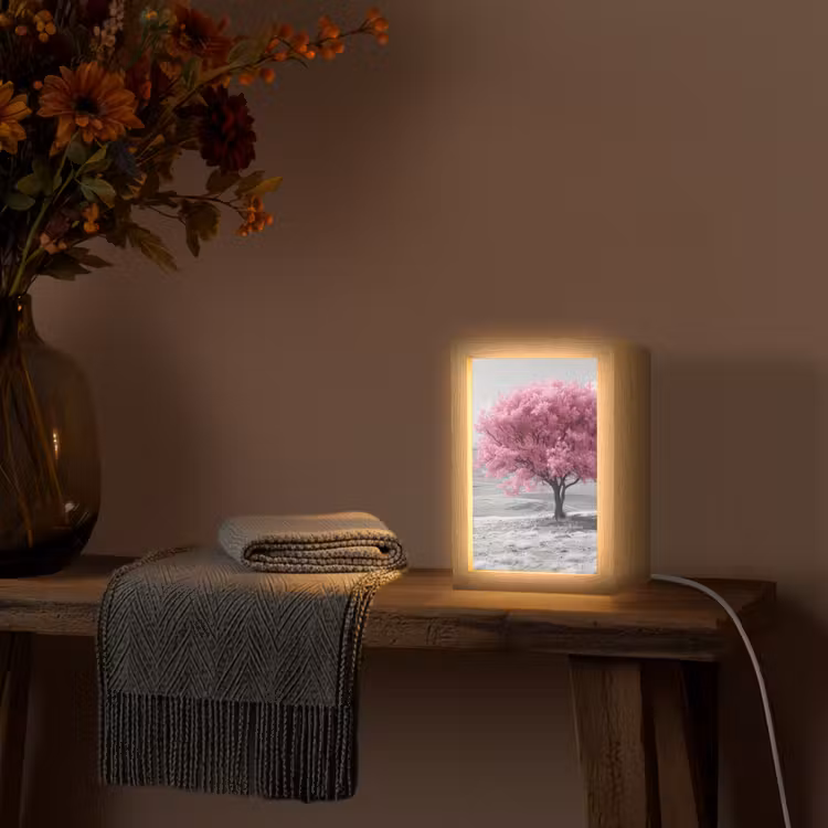 Boom - Natuur - Roze - Zwart wit Light Box met kabel (Tafellamp) klein -sfeer4