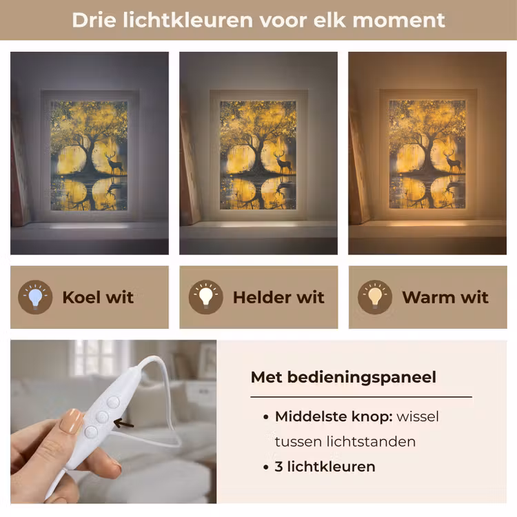Boom - Verflook - Hert - Natuur - Goud Light Box met kabel (Tafellamp) klein -USP_lichtkleurNL