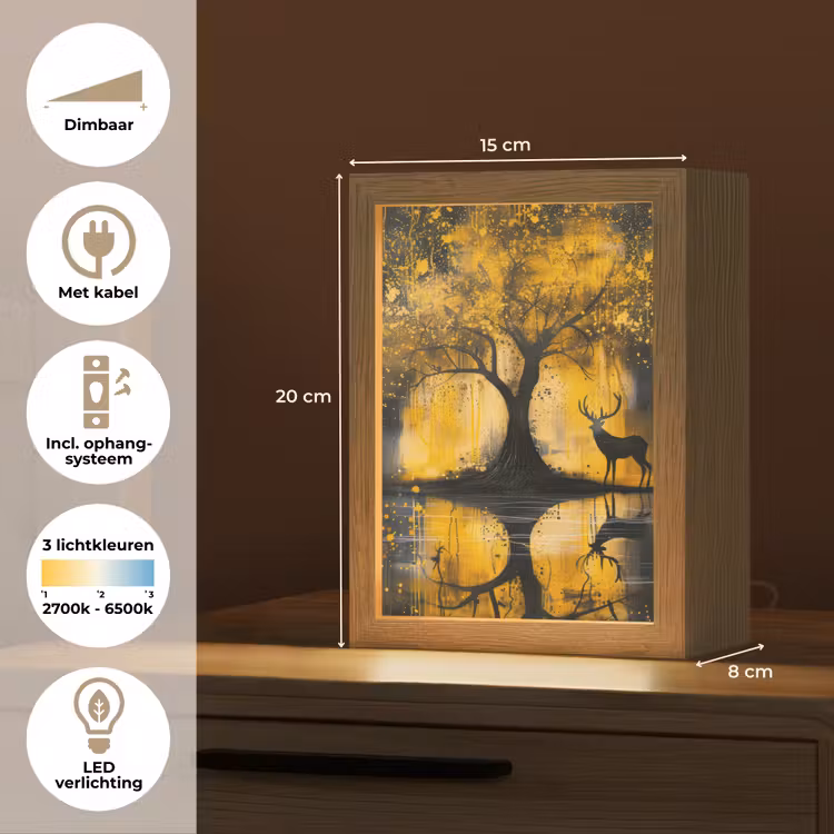 Boom - Verflook - Hert - Natuur - Goud Light Box met kabel (Tafellamp) klein -USP_NL