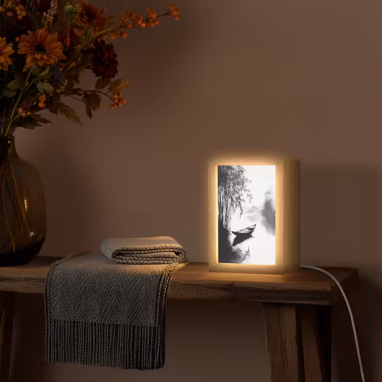 Boot - Rivier - Bamboe - Wit Light Box met kabel (Tafellamp) klein -sfeer4