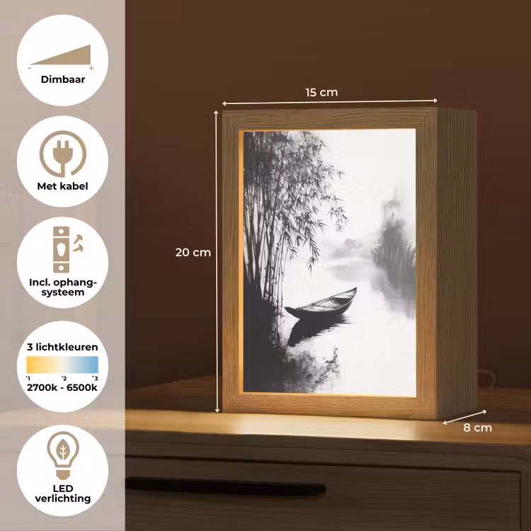 Boot - Rivier - Bamboe - Wit Light Box met kabel (Tafellamp) klein -USP_NL