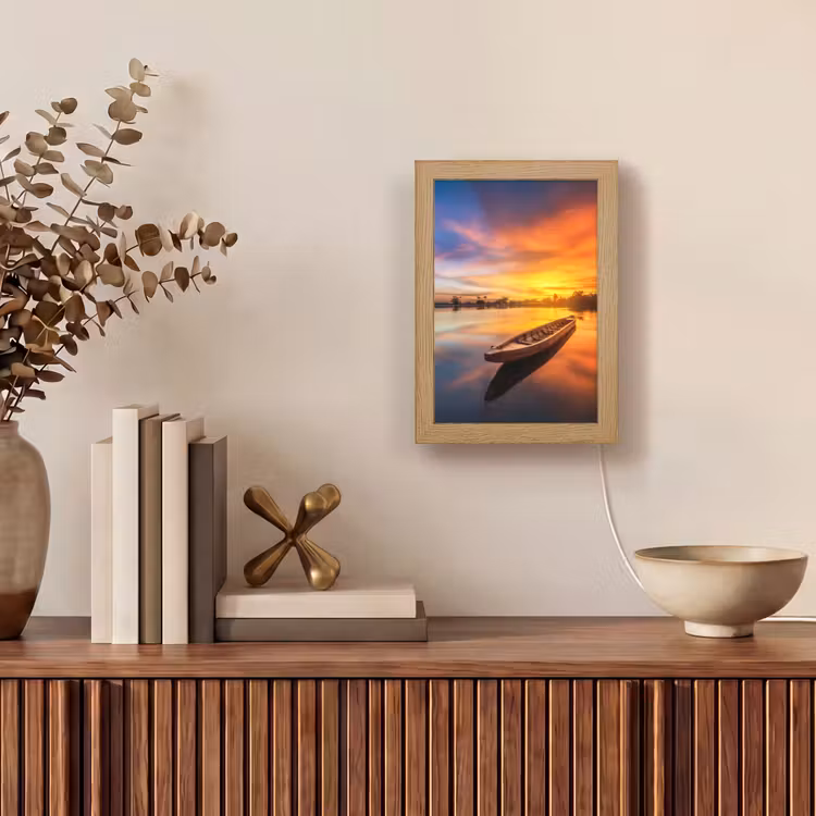 Boot - Water - Zonsondergang - Oranje - Water Light Box met kabel (Tafellamp) klein -sfeer2