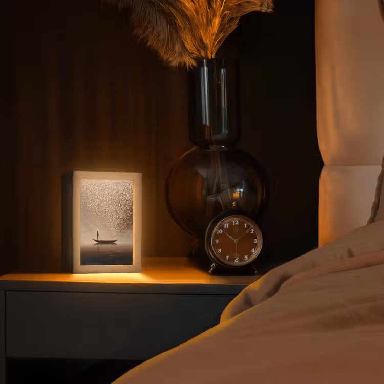 Bootje - Blaadjes - Goud - Water Light Box met kabel (Tafellamp) klein -sfeer1