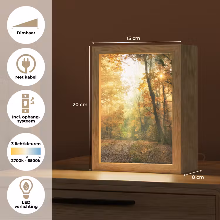 Bos - Herfst - Zon - Landschap - Natuur - Bomen - Bladeren Light Box met kabel (Tafellamp) klein -USP_NL