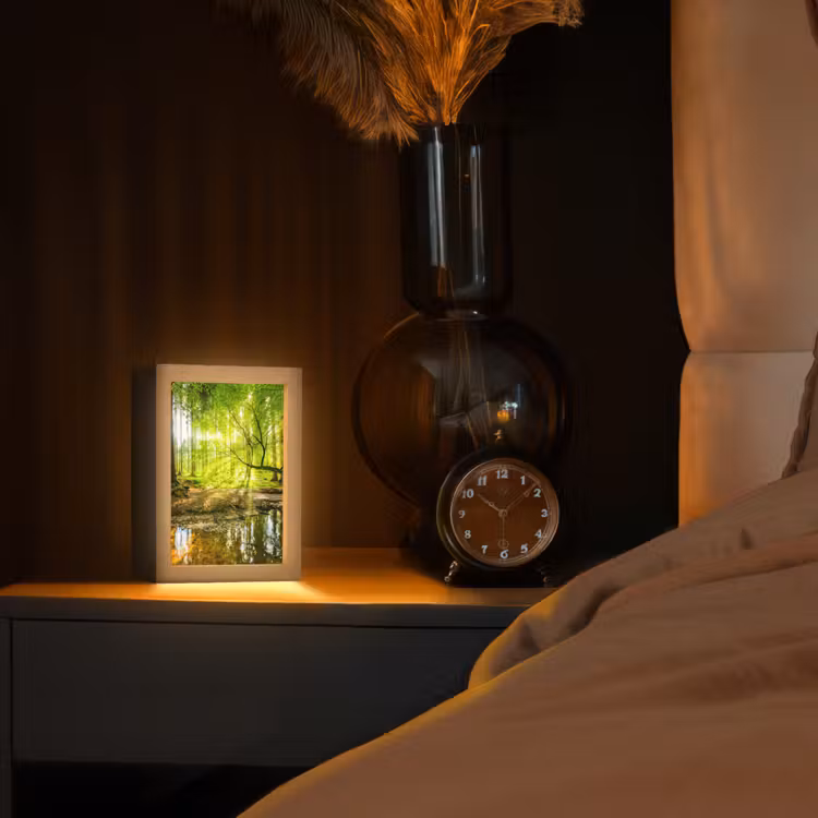 Bos - Landschap - Water - Bomen - Zon - Groen - Natuur Light Box met kabel (Tafellamp) klein -sfeer1
