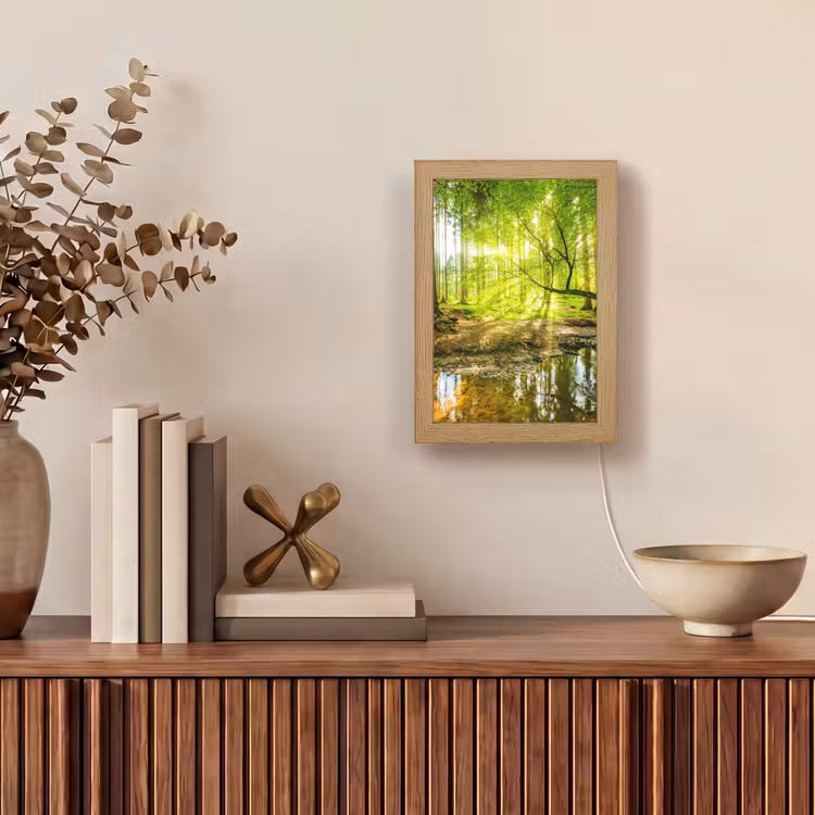 Bos - Landschap - Water - Bomen - Zon - Groen - Natuur Light Box met kabel (Tafellamp) klein -sfeer2