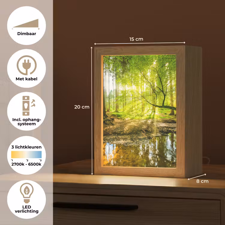 Bos - Landschap - Water - Bomen - Zon - Groen - Natuur Light Box met kabel (Tafellamp) klein -USP_NL