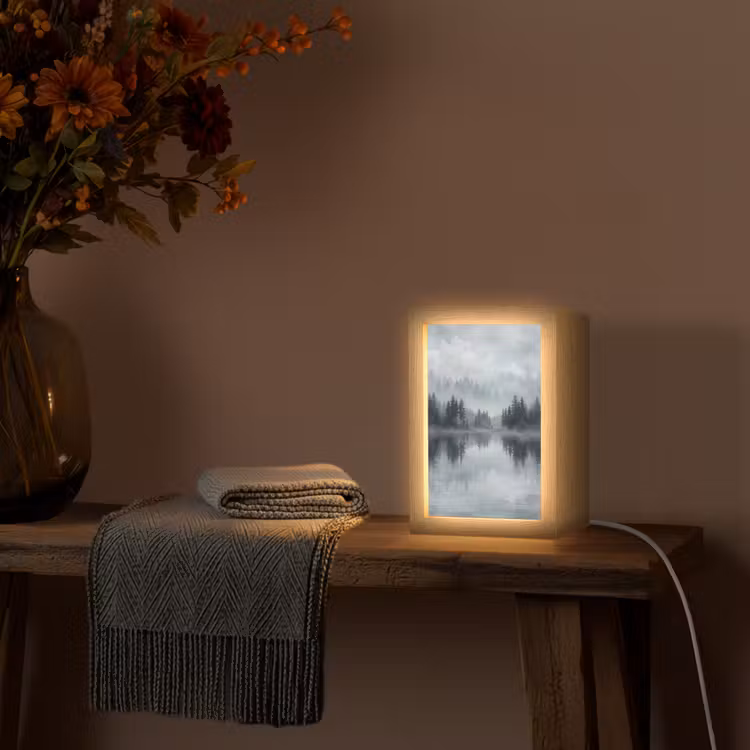 Bos - Meer - Mist - Natuur - Grijs Light Box met kabel (Tafellamp) klein -sfeer4