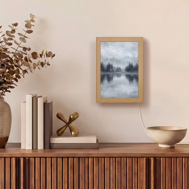 Bos - Meer - Mist - Natuur - Grijs Light Box met kabel (Tafellamp) klein -sfeer2