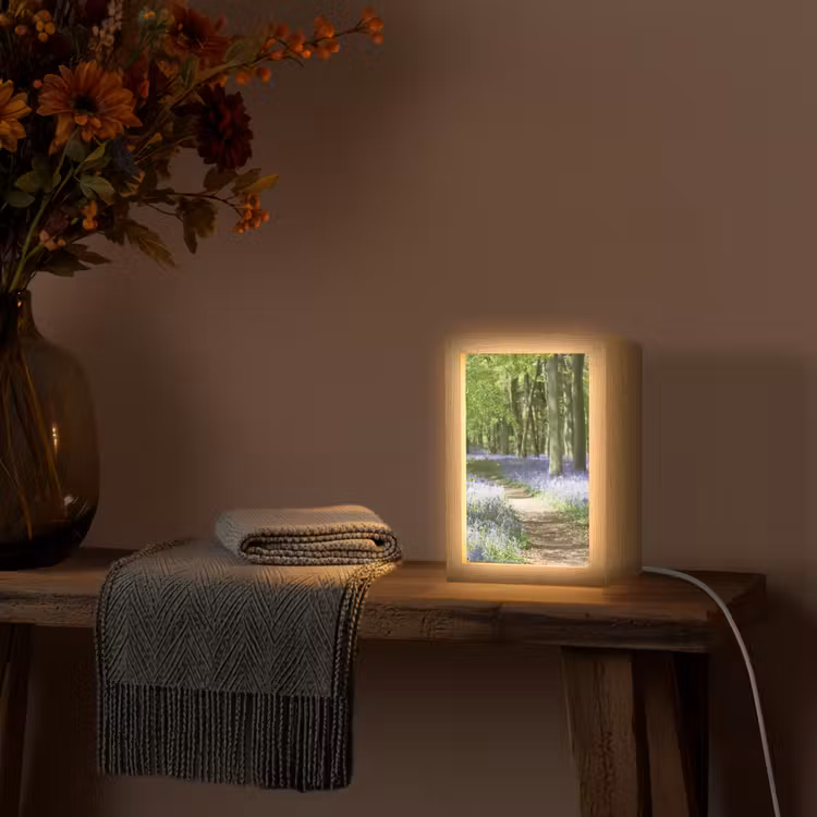 Bos - Pad - Bloemen - Paars - Groen - Natuur Light Box met kabel (Tafellamp) klein -sfeer4
