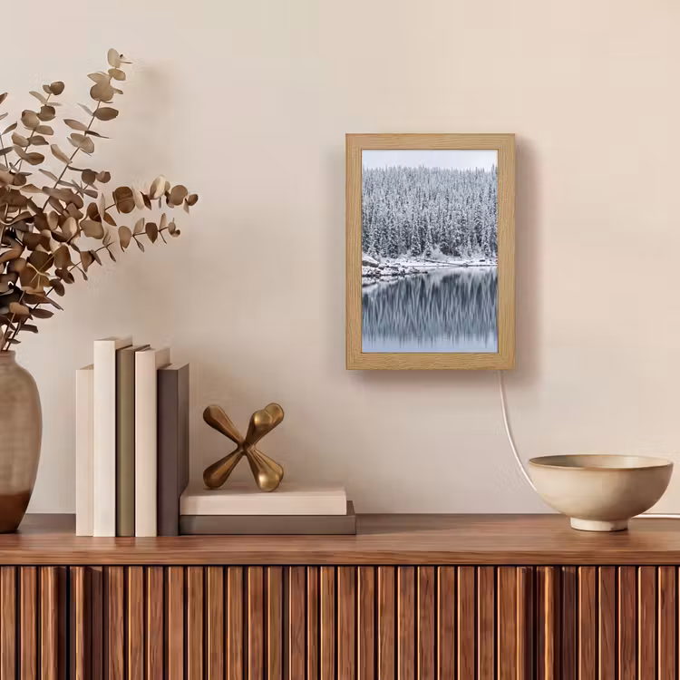 Bos - Reflectie - Meer - Winter - Serene Light Box met kabel (Tafellamp) klein -sfeer2